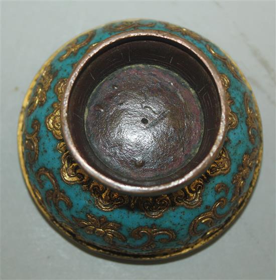 A Chinese gilt bronze and champleve enamel box and cover, 18th century, diam. 6.5cm, wear and minor losses